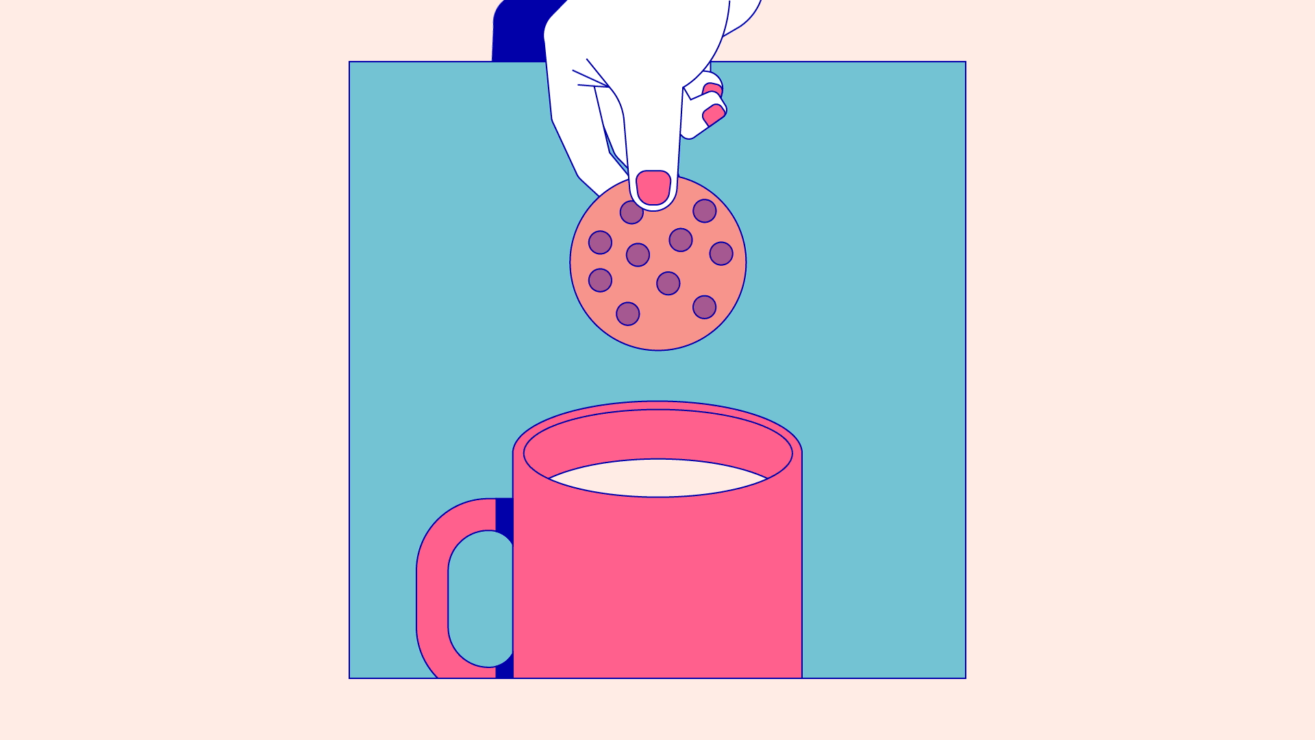 Animation in loop of a hand dipping a cookie in a cup of milk