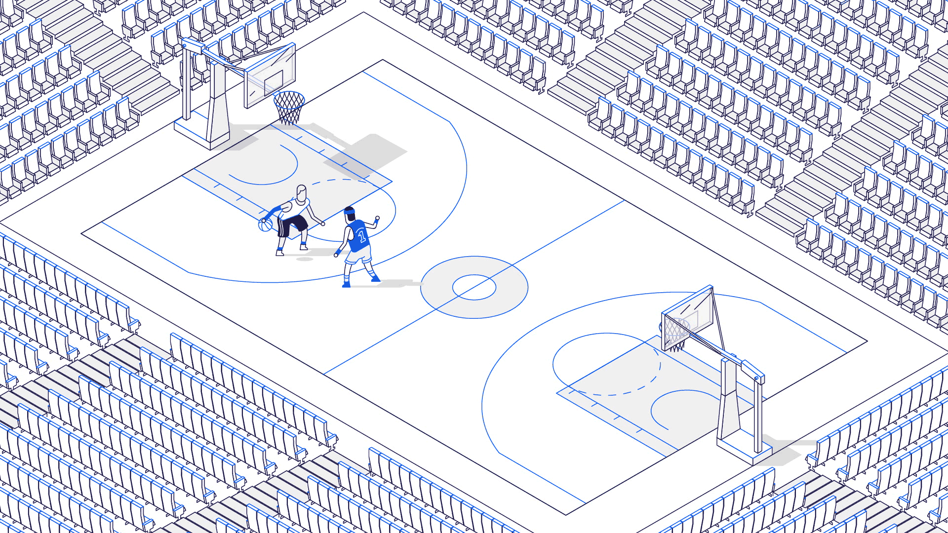 Animated loop of two basketball players on an empty stadium