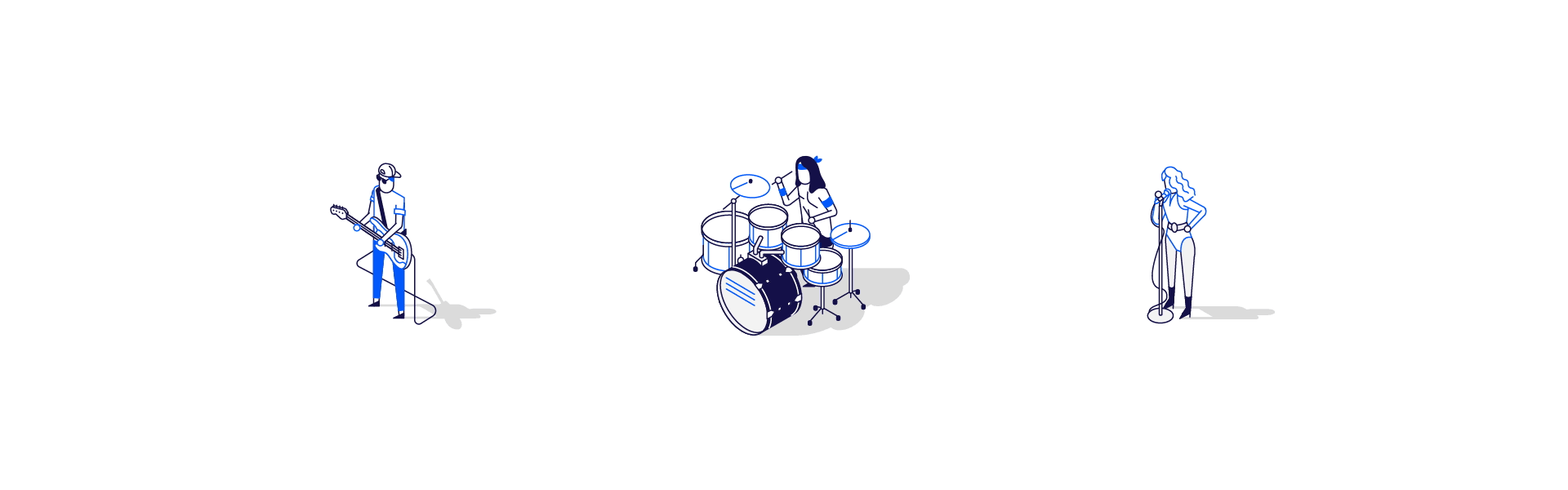Animations in loop of a rock band with a bass player, a drummer and a woman vocalist