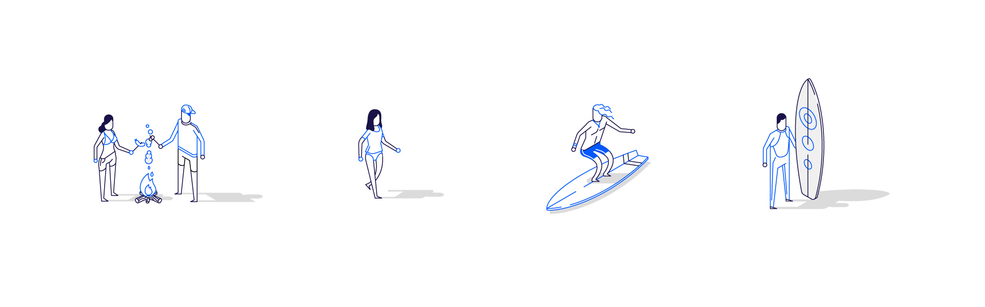 Illustration of a couple cooking on a campfire and two surfers