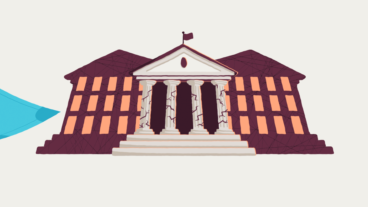 Looped animation of a flying bill cut by scissors with a government building in the background