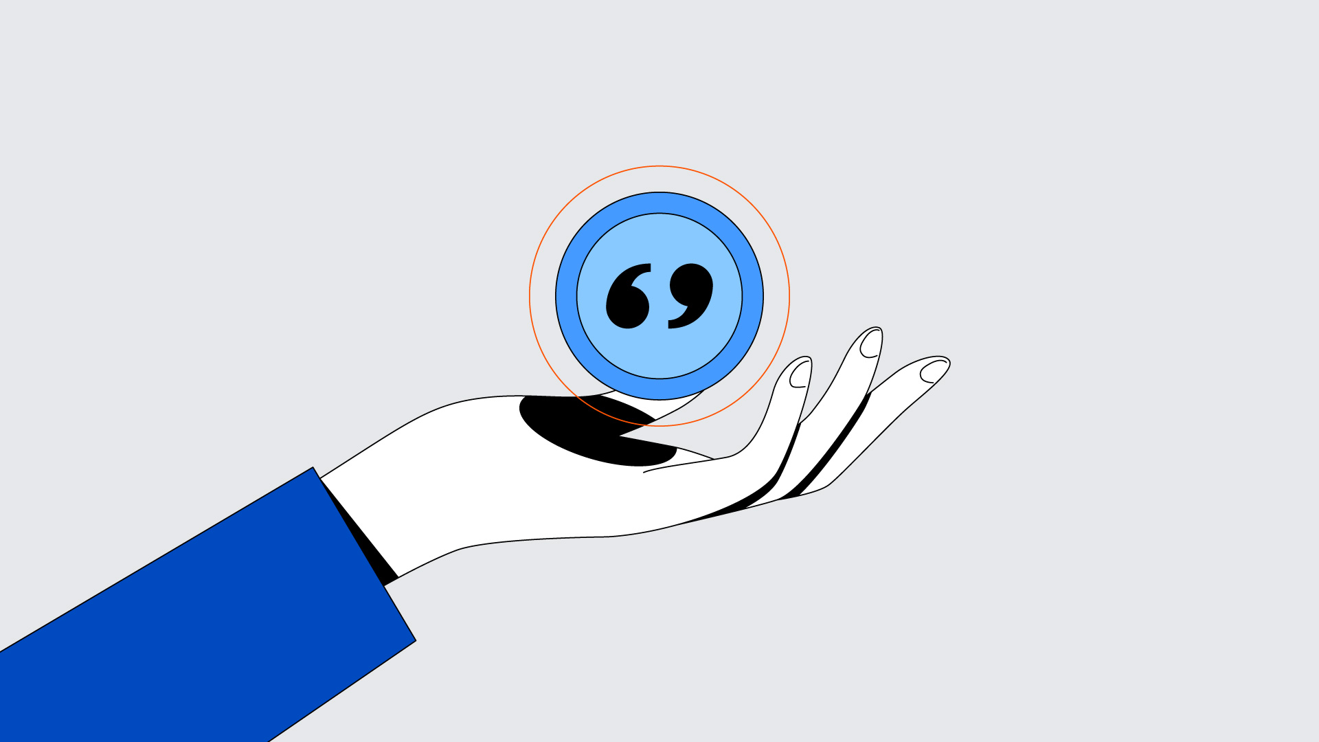 Illustration of a hand holding a flying disc with quotation marks engraved on it