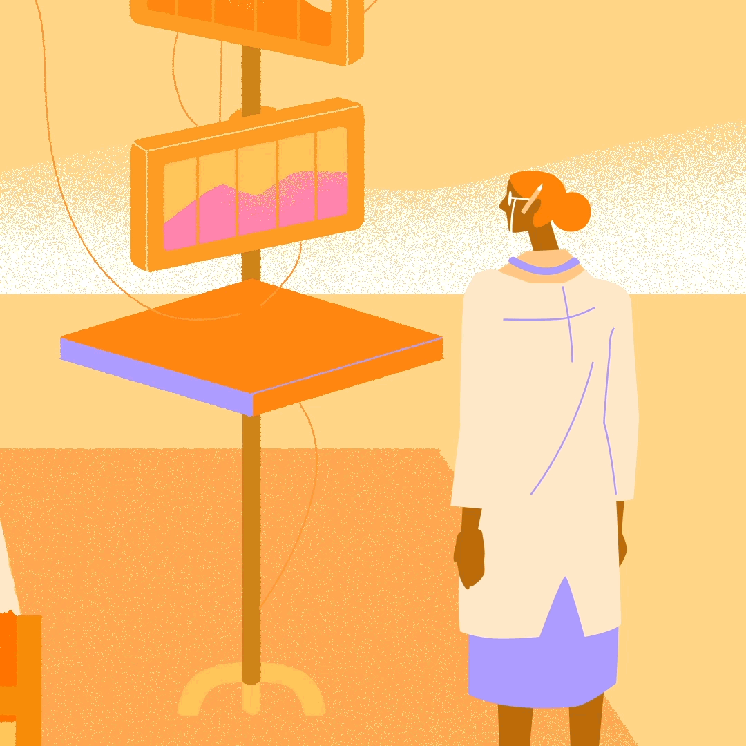 Animation of a doctor looking at some monitors